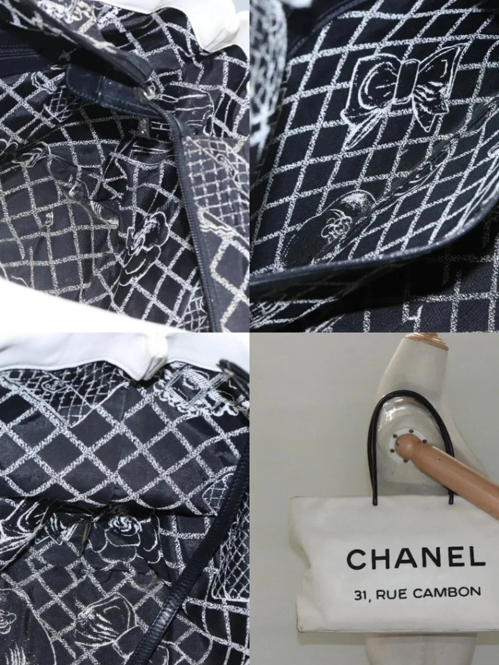 CHANEL Tote Bag Leather White Silver CC Auth ac3702